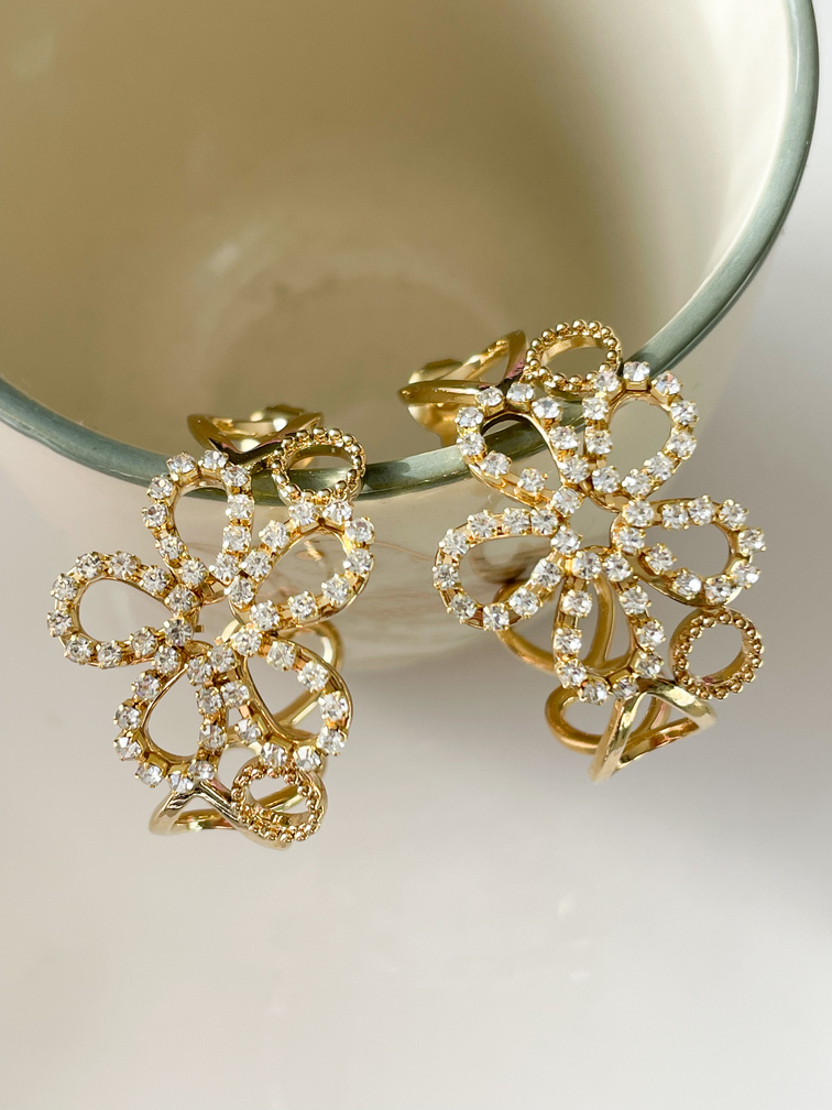 Boucles créoles fleurs strass doré